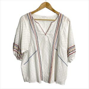 ACOS&A white boho cotton tunic top XL – embroidered v-neck, puff sleeves